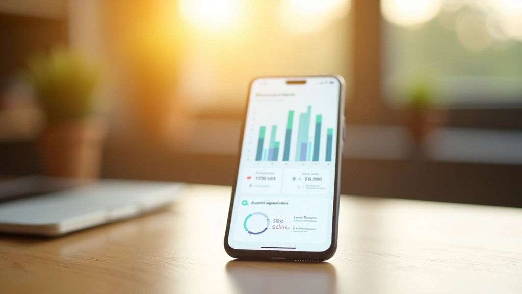Smartphone mit Banking-Apps und Finanzmanagement-Dashboard auf Schreibtisch