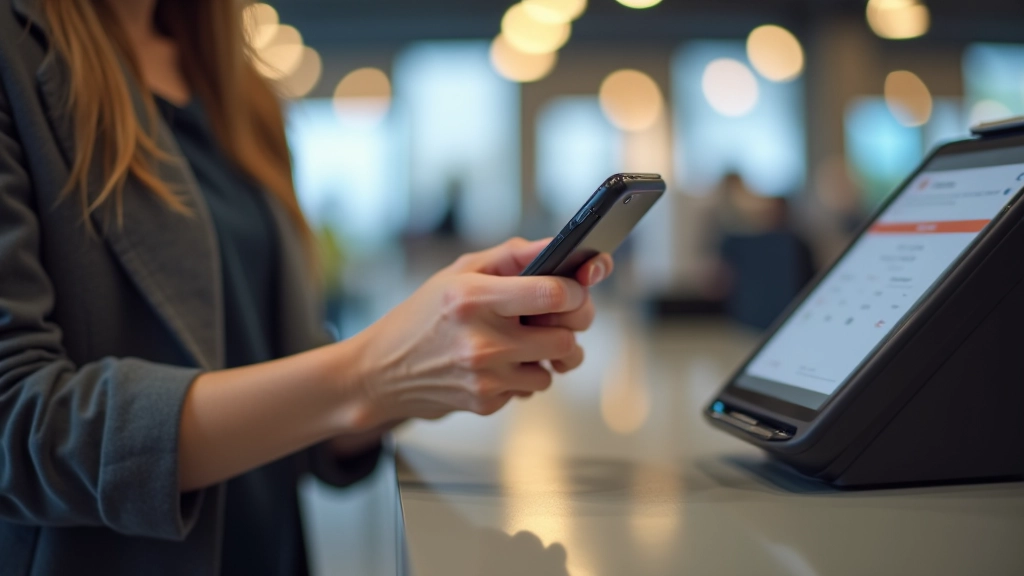 Hand hält Smartphone über Zahlungsterminal in Geschäft