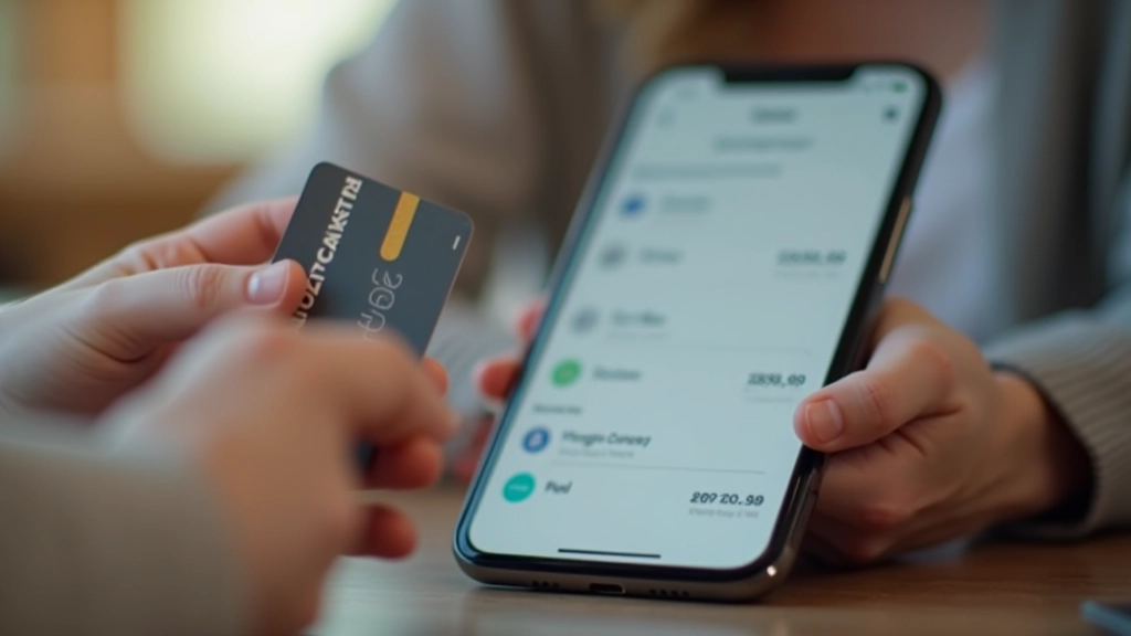 Nahaufnahme einer Hand, die eine Kreditkarte hält, neben einem Smartphone mit Banking-App auf dem Bildschirm