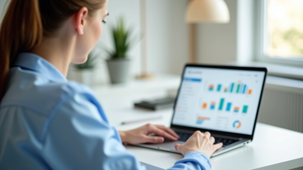 Frau schaut auf Laptop-Bildschirm mit Finanzdiagrammen und Ausgabentracking-Dashboard