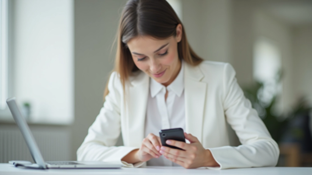 Frau schaut auf Smartphone mit Banking-App, sitzt an modernem Schreibtisch mit Kaffee